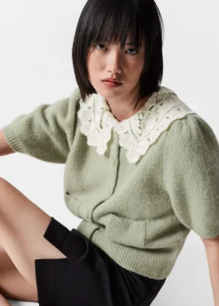 Cardigan En Maille à Col Crocheté